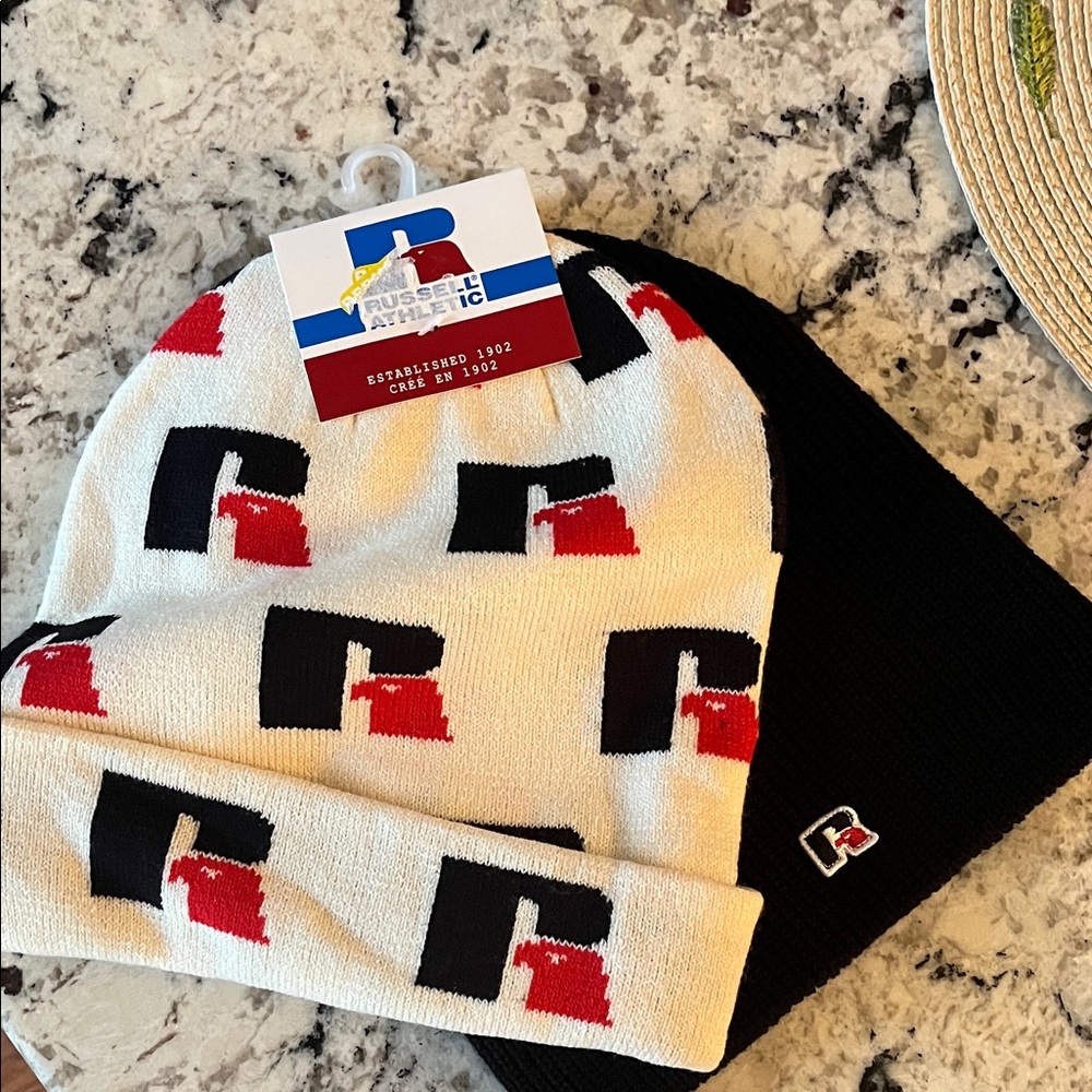 Russell Athletic Cream and Black Beanie Set